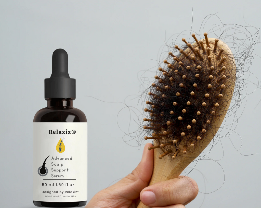 Scalp support serum bottle shown beside a hairbrush with visible hair strands
